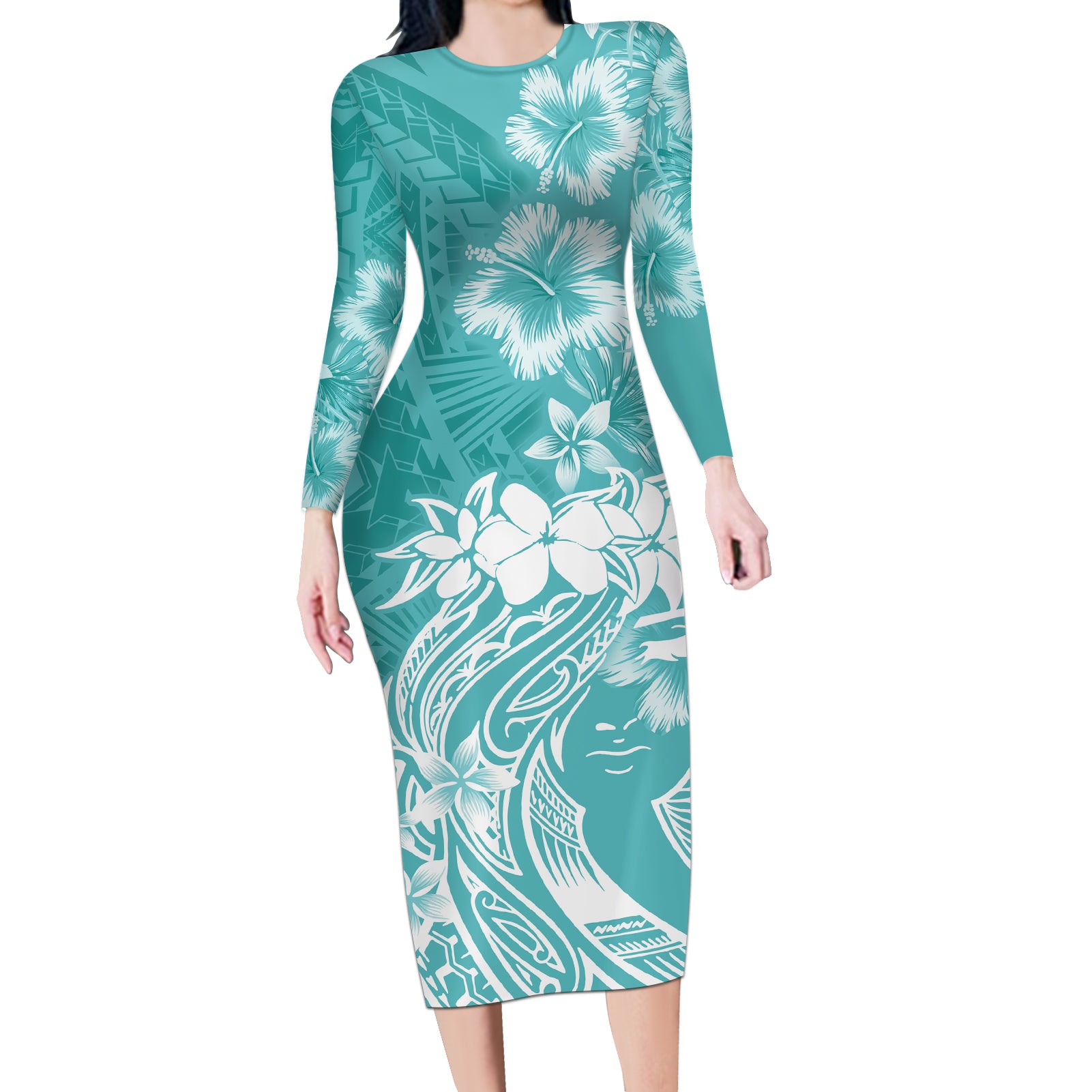 Polynesian Women's Day Long Sleeve Bodycon Dress Plumeria Passion - Teal LT7 Long Dress Teal - Polynesian Pride