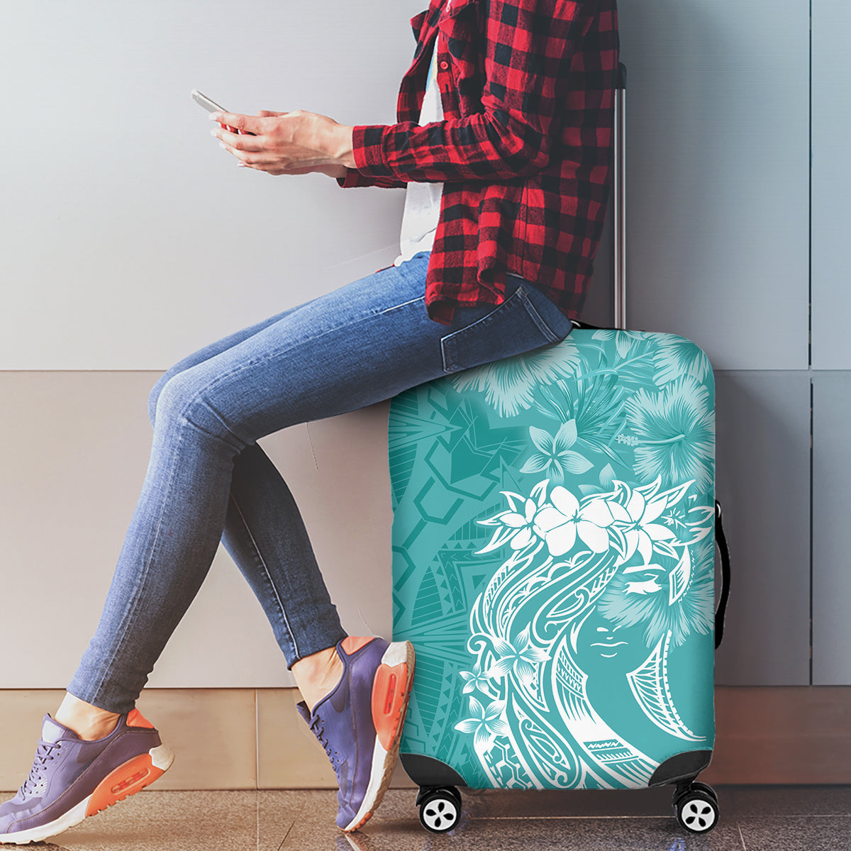 Polynesian Women's Day Luggage Cover Plumeria Passion - Teal LT7 - Polynesian Pride