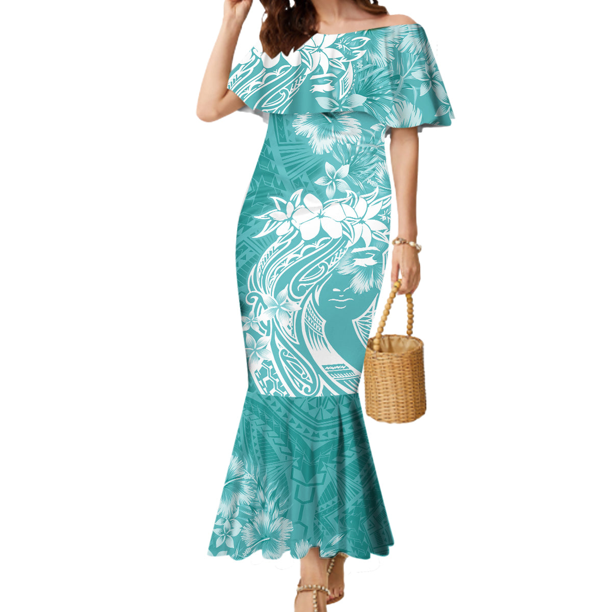 Polynesian Women's Day Mermaid Dress Plumeria Passion - Teal LT7 Women Teal - Polynesian Pride