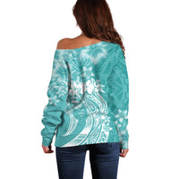 Polynesian Women's Day Off Shoulder Sweater Plumeria Passion - Teal LT7 - Polynesian Pride