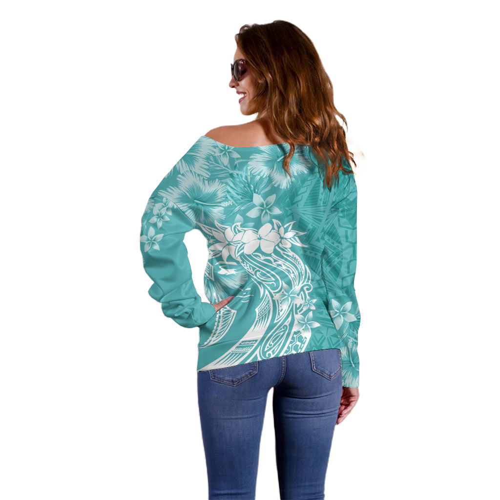 Polynesian Women's Day Off Shoulder Sweater Plumeria Passion - Teal LT7 - Polynesian Pride