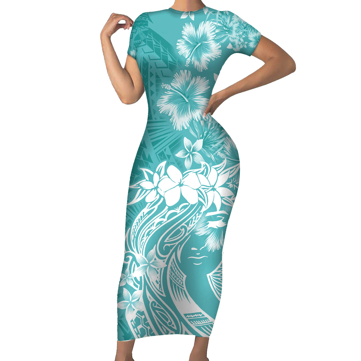 Polynesian Women's Day Short Sleeve Bodycon Dress Plumeria Passion - Teal LT7 Long Dress Teal - Polynesian Pride