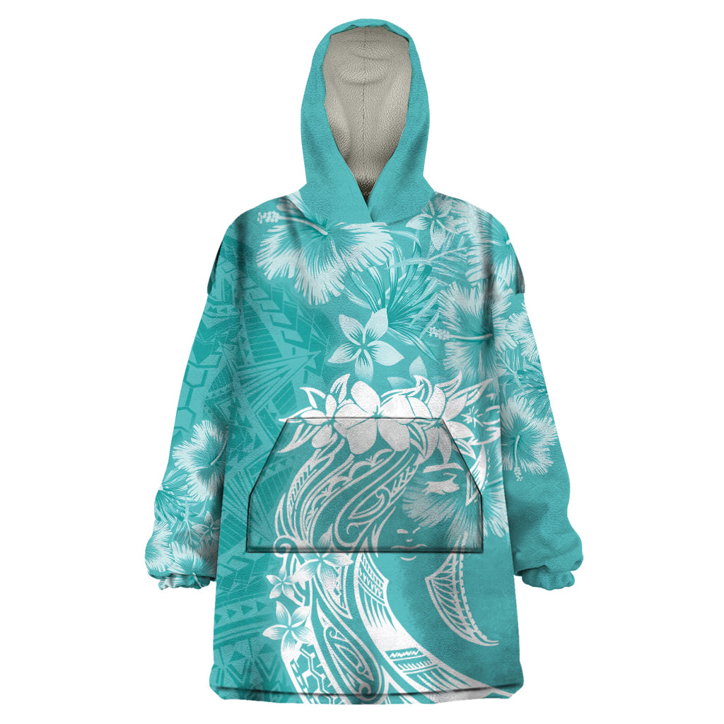 Polynesian Women's Day Wearable Blanket Hoodie Plumeria Passion - Teal LT7 One Size Teal - Polynesian Pride