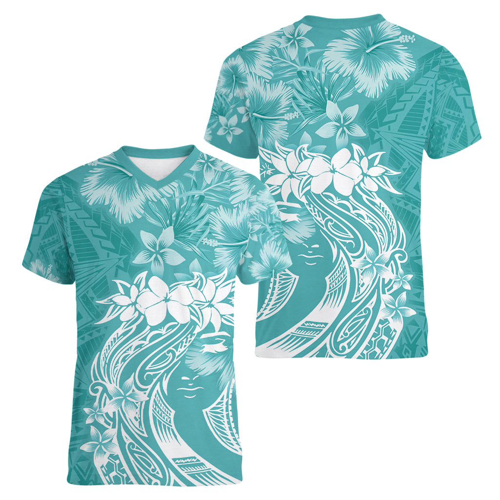 Polynesian Women's Day Women V Neck T Shirt Plumeria Passion - Teal LT7 - Polynesian Pride