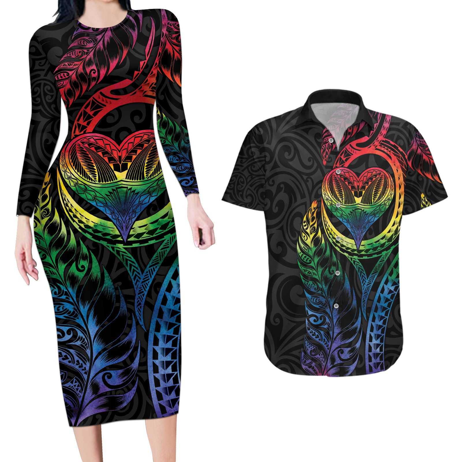 New Zealand Pride Couples Matching Long Sleeve Bodycon Dress and Hawaiian Shirt Takatapui Rainbow Fern