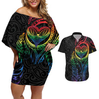 New Zealand Pride Couples Matching Off Shoulder Short Dress and Hawaiian Shirt Takatapui Rainbow Fern