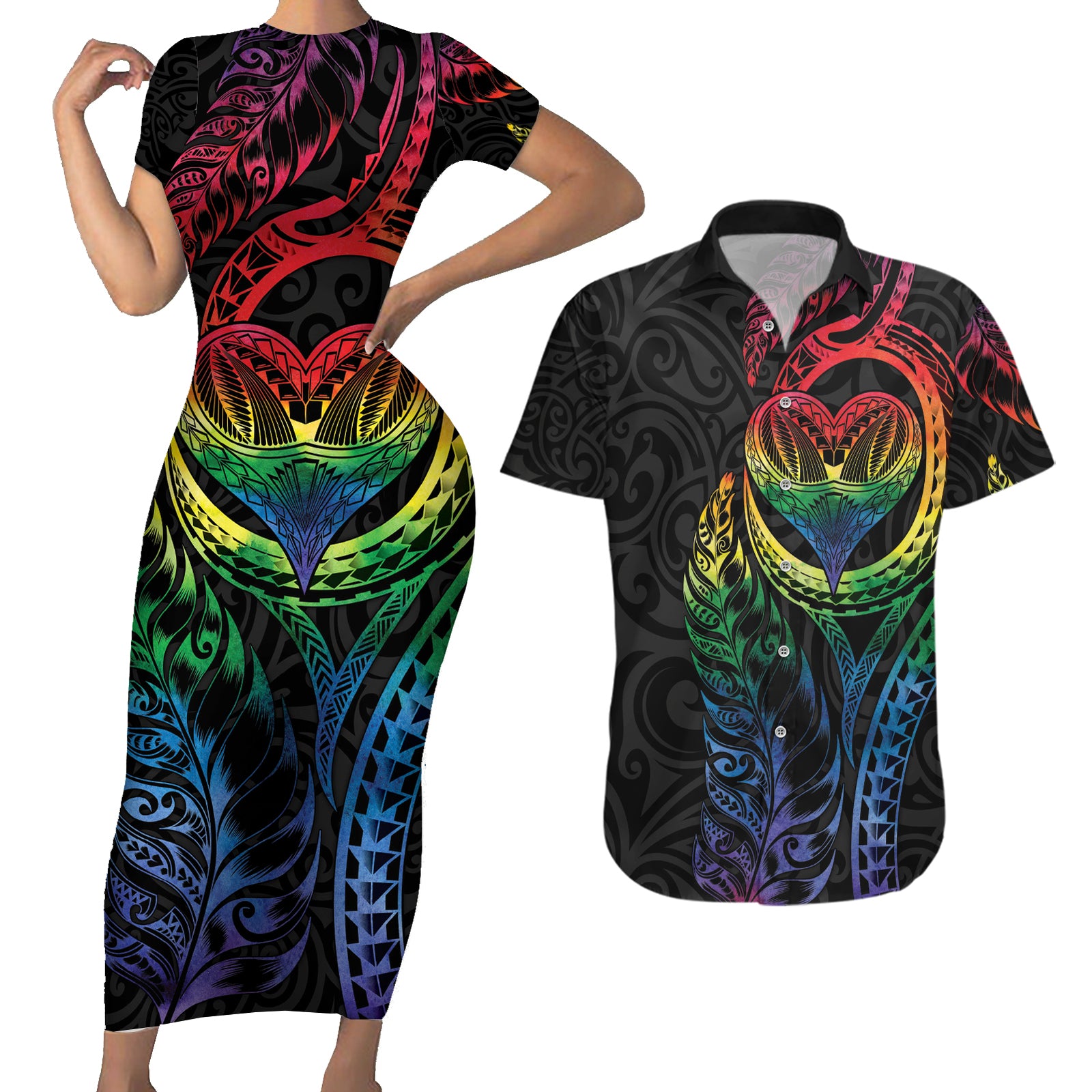 New Zealand Pride Couples Matching Short Sleeve Bodycon Dress and Hawaiian Shirt Takatapui Rainbow Fern LT7 Colorful - Polynesian Pride