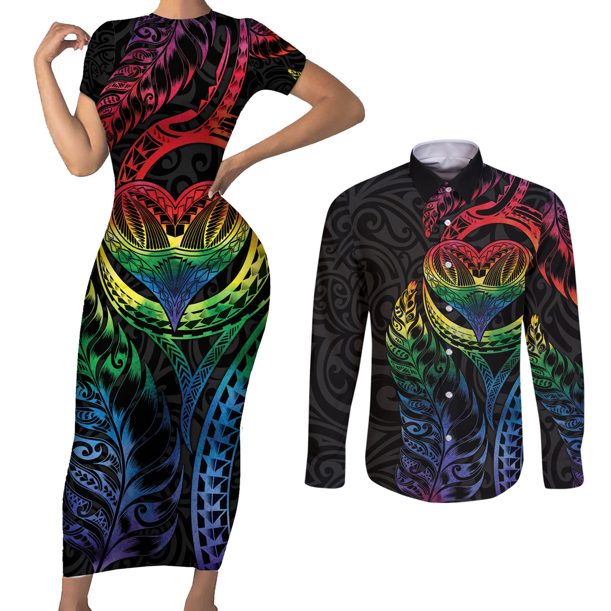 New Zealand Pride Couples Matching Short Sleeve Bodycon Dress and Long Sleeve Button Shirt Takatapui Rainbow Fern