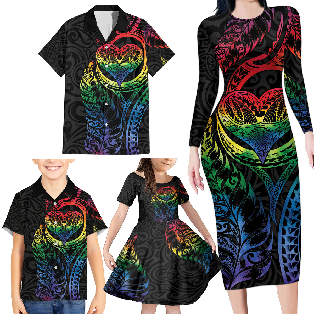 New Zealand Pride Family Matching Long Sleeve Bodycon Dress and Hawaiian Shirt Takatapui Rainbow Fern