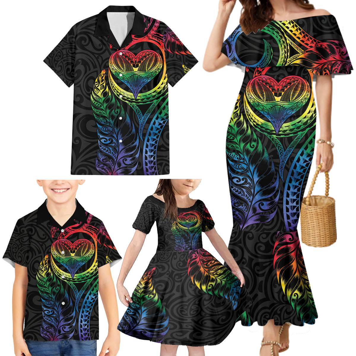 New Zealand Pride Family Matching Mermaid Dress and Hawaiian Shirt Takatapui Rainbow Fern