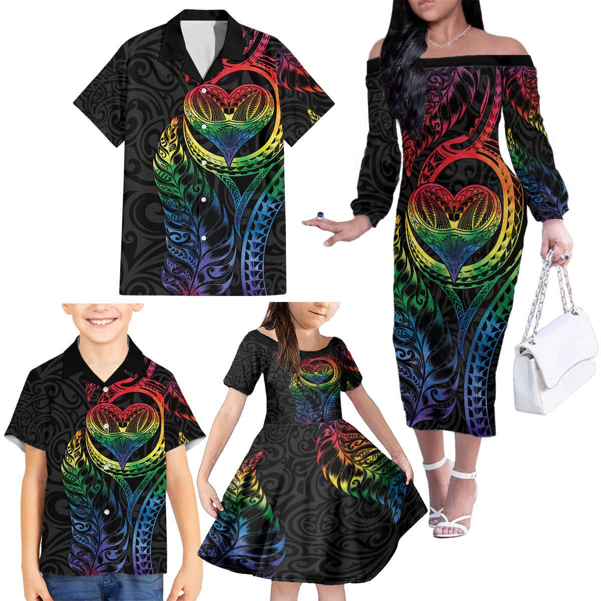 New Zealand Pride Family Matching Off The Shoulder Long Sleeve Dress and Hawaiian Shirt Takatapui Rainbow Fern