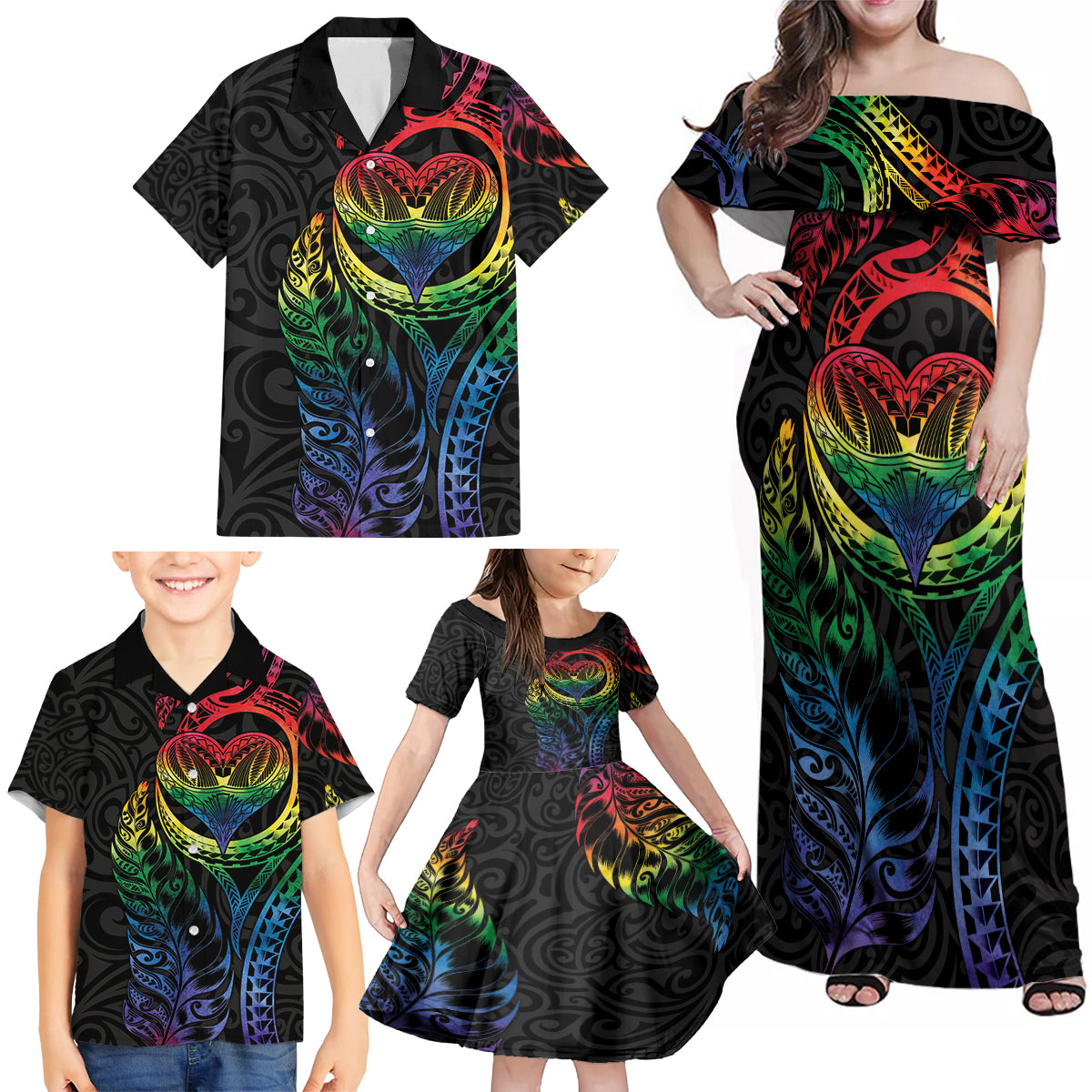 New Zealand Pride Family Matching Off Shoulder Maxi Dress and Hawaiian Shirt Takatapui Rainbow Fern