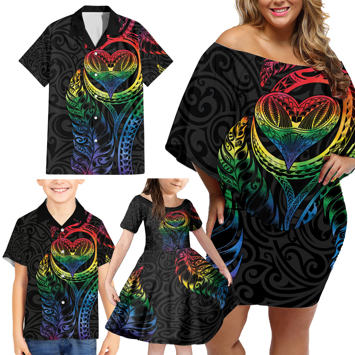 New Zealand Pride Family Matching Off Shoulder Short Dress and Hawaiian Shirt Takatapui Rainbow Fern