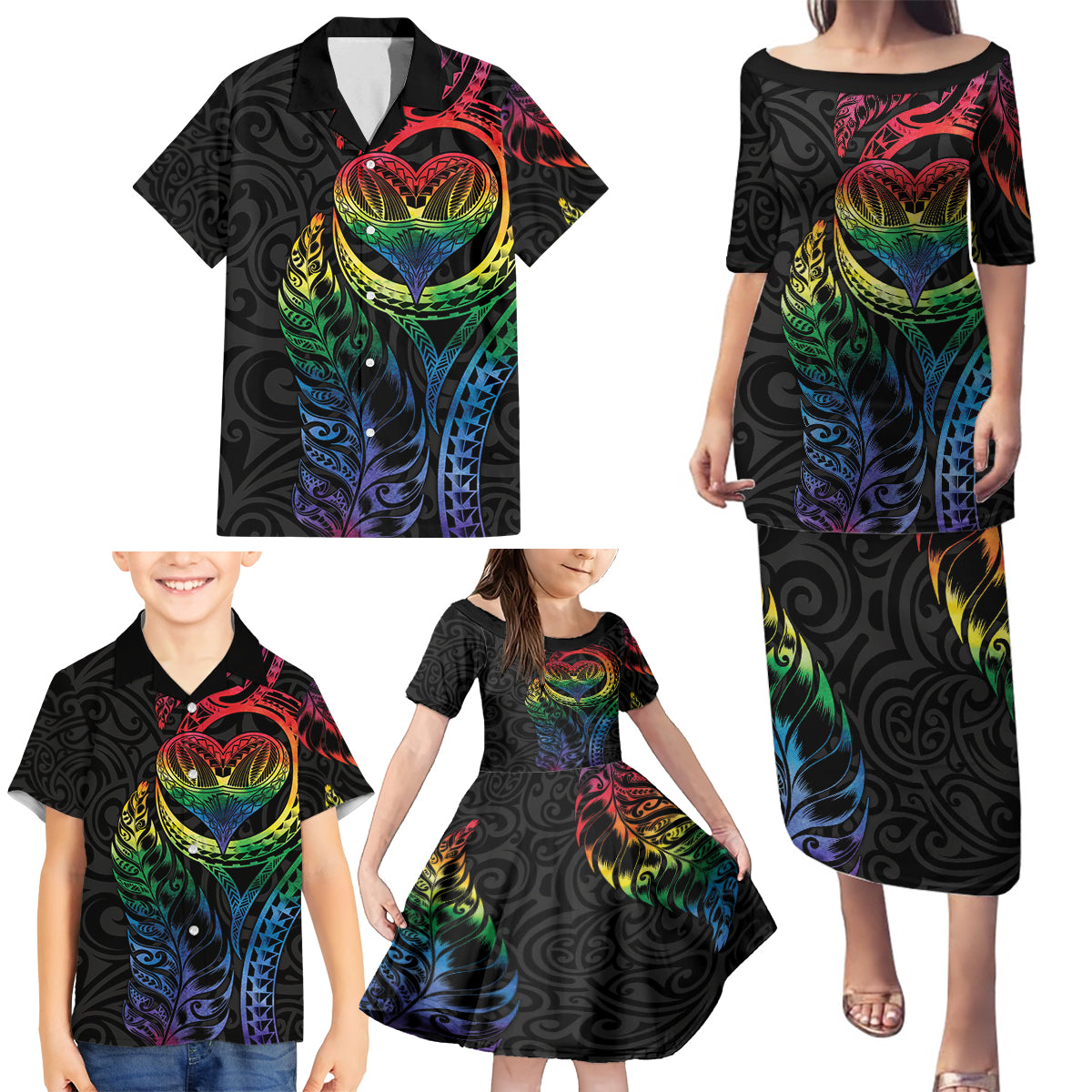 New Zealand Pride Family Matching Puletasi and Hawaiian Shirt Takatapui Rainbow Fern