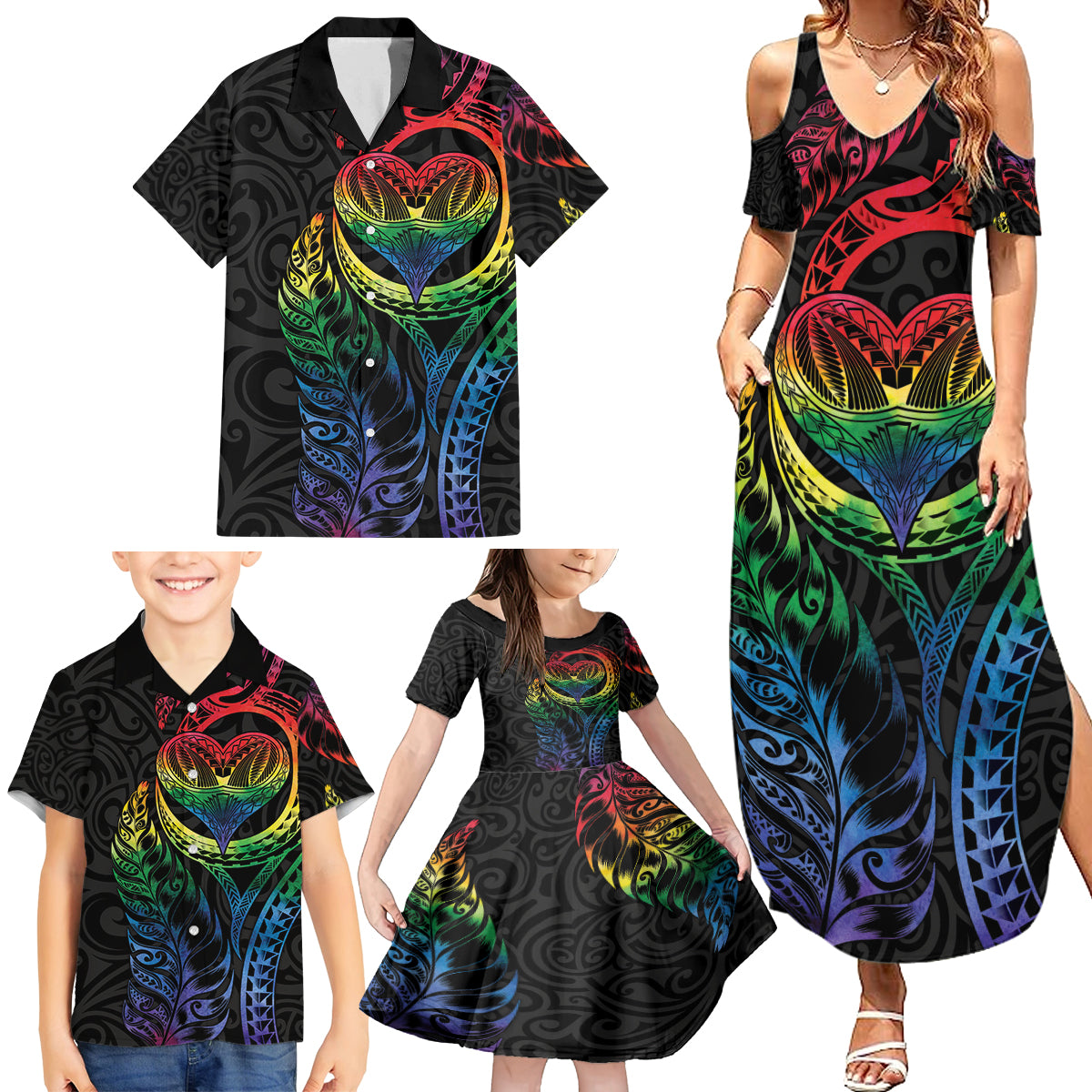 New Zealand Pride Family Matching Summer Maxi Dress and Hawaiian Shirt Takatapui Rainbow Fern LT7 - Polynesian Pride