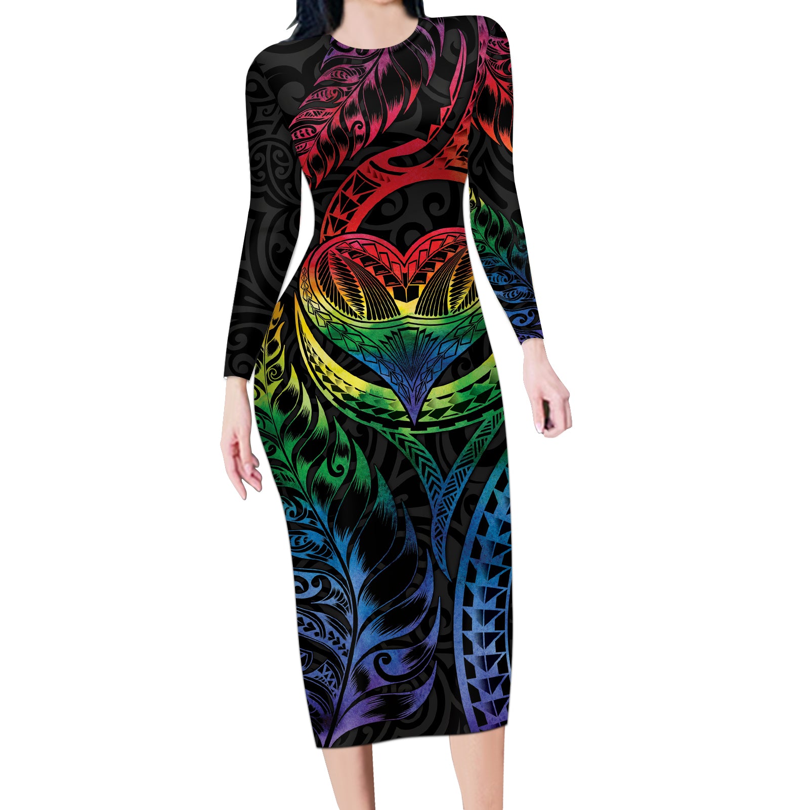 New Zealand Pride Long Sleeve Bodycon Dress Takatapui Rainbow Fern