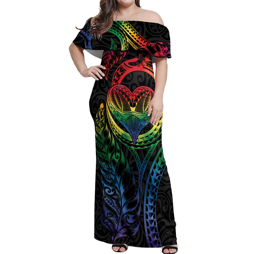 New Zealand Pride Off Shoulder Maxi Dress Takatapui Rainbow Fern