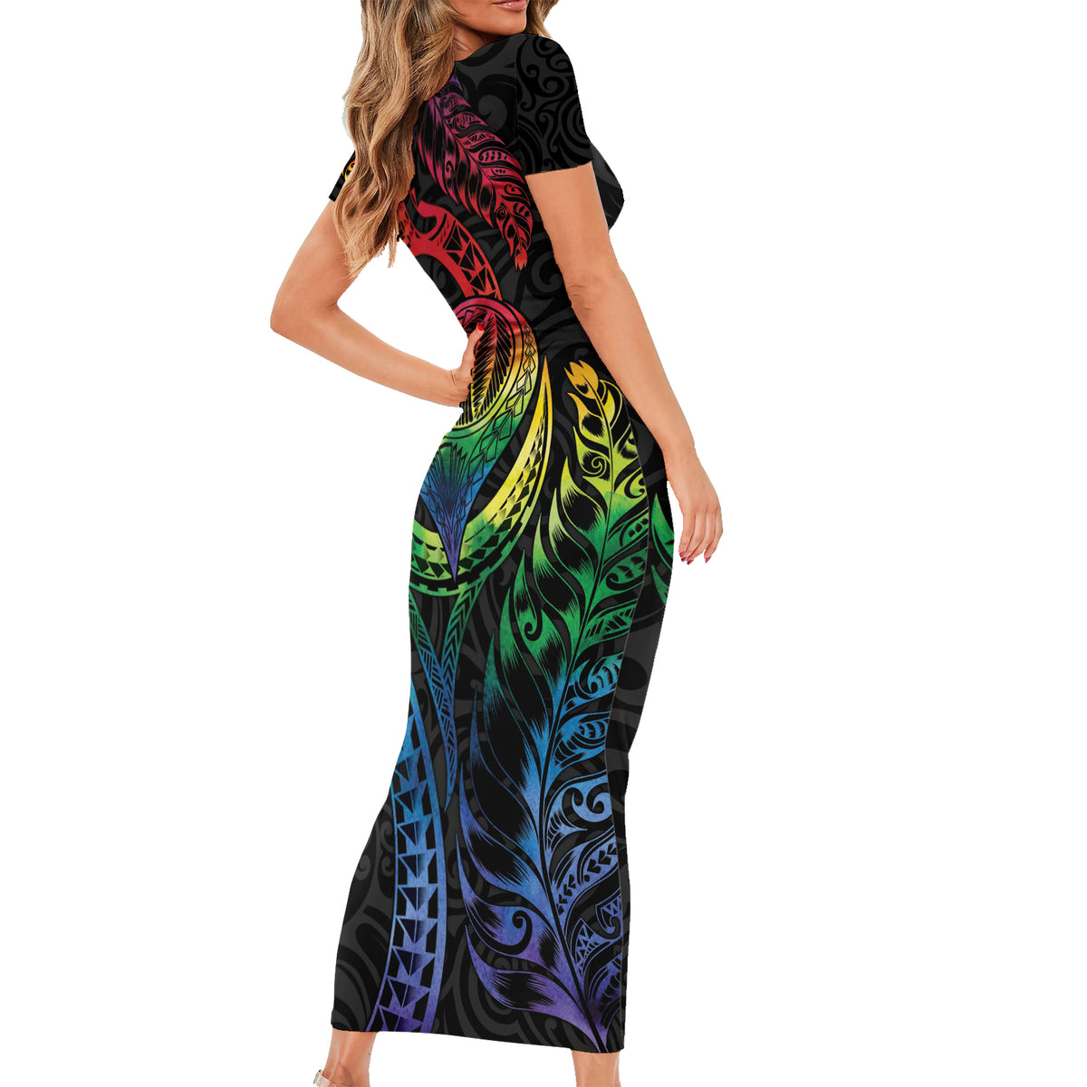 New Zealand Pride Short Sleeve Bodycon Dress Takatapui Rainbow Fern