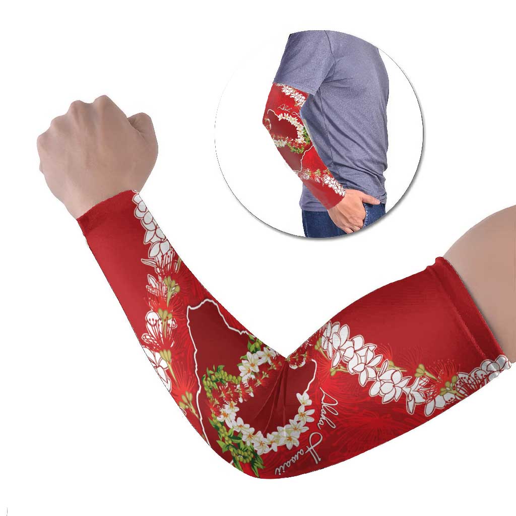 Hawaii Island Flowers Lei Arm Sleeves Ohia Lehua Scarlet Red LT7 Set of 2 Red - Polynesian Pride