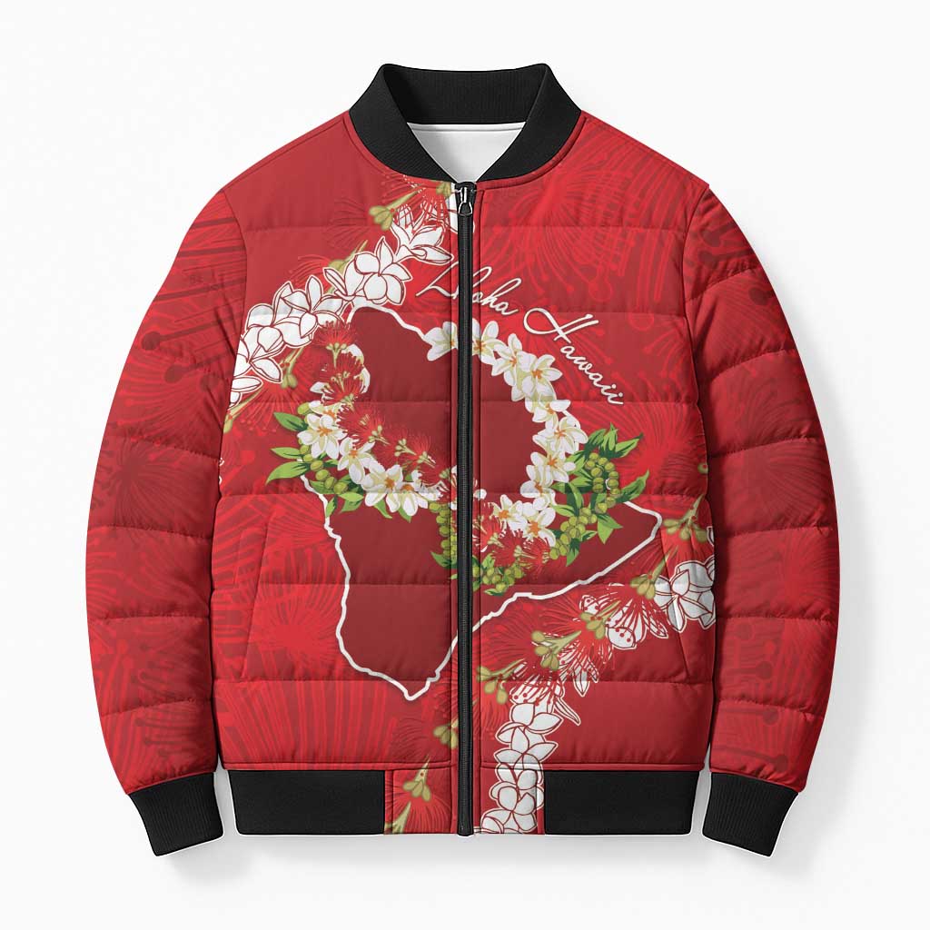 Hawaii Island Flowers Lei Bomber Puffer Jacket Ohia Lehua Scarlet Red LT7 Unisex Red - Polynesian Pride