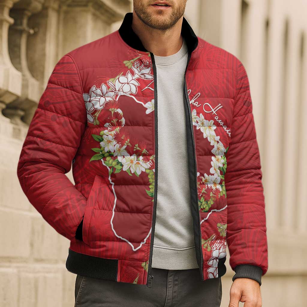 Hawaii Island Flowers Lei Bomber Puffer Jacket Ohia Lehua Scarlet Red LT7 - Polynesian Pride