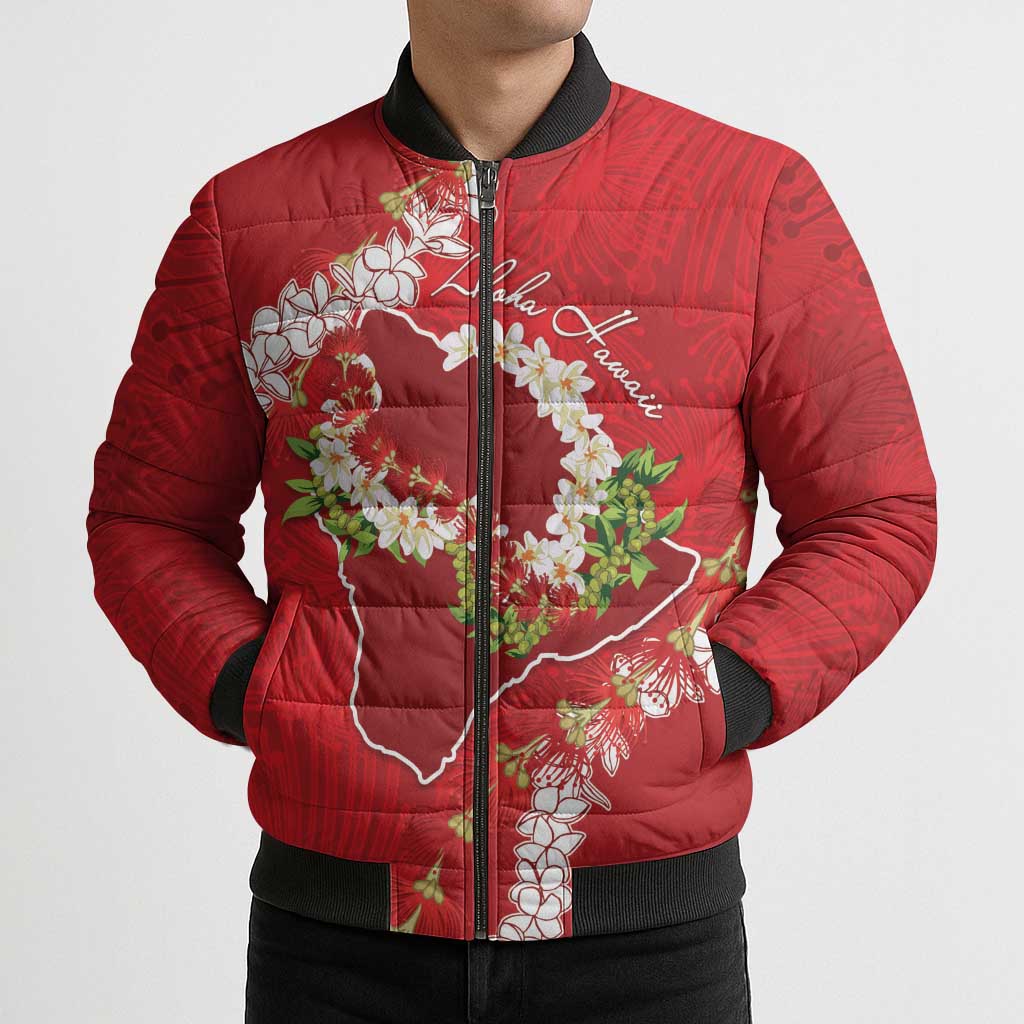 Hawaii Island Flowers Lei Bomber Puffer Jacket Ohia Lehua Scarlet Red LT7 - Polynesian Pride