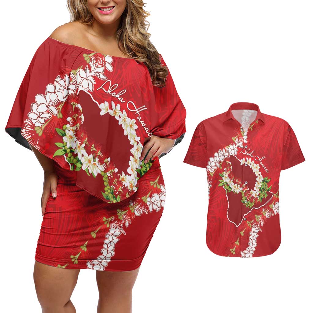 Hawaii Island Flowers Lei Couples Matching Off Shoulder Short Dress and Hawaiian Shirt Ohia Lehua Scarlet Red
