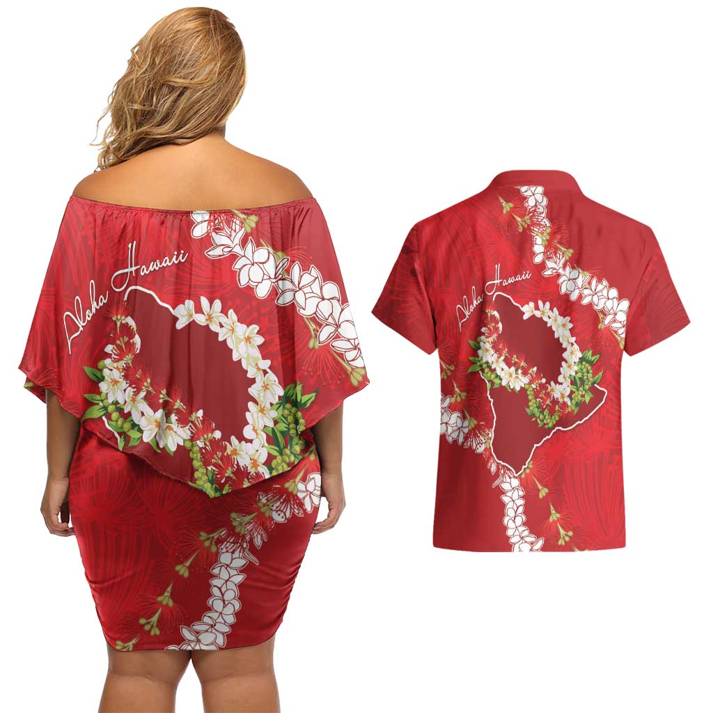 Hawaii Island Flowers Lei Couples Matching Off Shoulder Short Dress and Hawaiian Shirt Ohia Lehua Scarlet Red