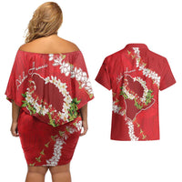 Hawaii Island Flowers Lei Couples Matching Off Shoulder Short Dress and Hawaiian Shirt Ohia Lehua Scarlet Red