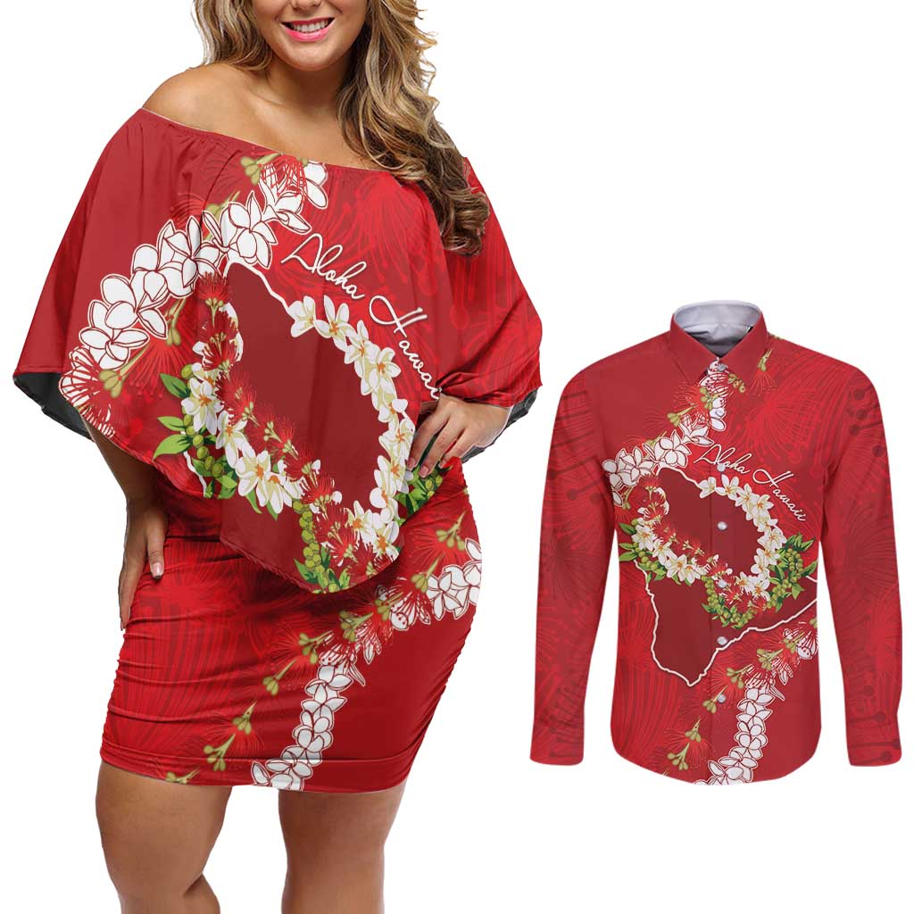 Hawaii Island Flowers Lei Couples Matching Off Shoulder Short Dress and Long Sleeve Button Shirt Ohia Lehua Scarlet Red
