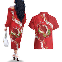 Hawaii Island Flowers Lei Couples Matching Off The Shoulder Long Sleeve Dress and Hawaiian Shirt Ohia Lehua Scarlet Red