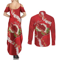 Hawaii Island Flowers Lei Couples Matching Summer Maxi Dress and Long Sleeve Button Shirt Ohia Lehua Scarlet Red