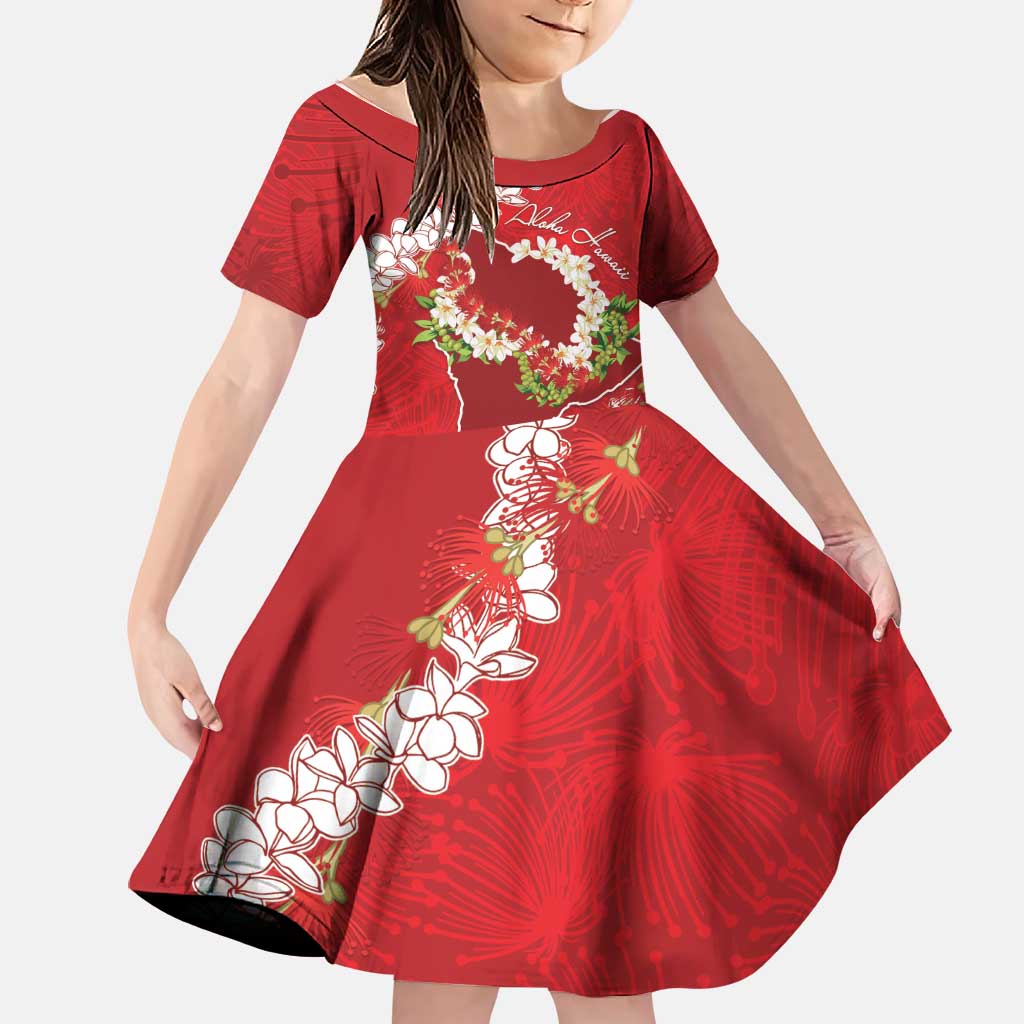 Hawaii Island Flowers Lei Family Matching Long Sleeve Bodycon Dress and Hawaiian Shirt Ohia Lehua Scarlet Red