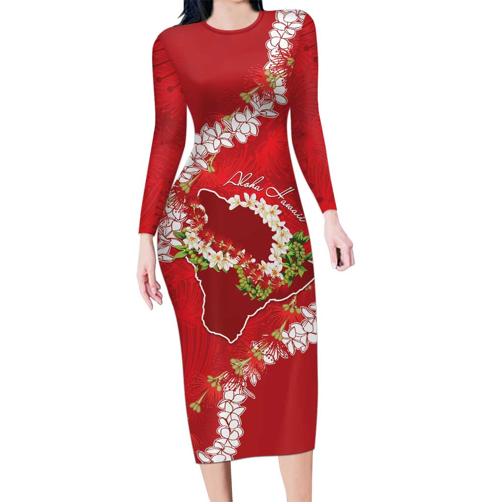 Hawaii Island Flowers Lei Family Matching Long Sleeve Bodycon Dress and Hawaiian Shirt Ohia Lehua Scarlet Red