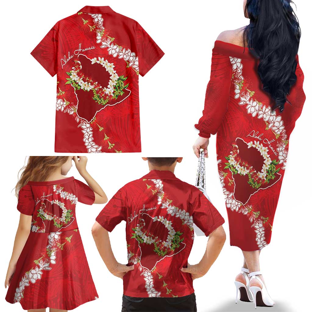 Hawaii Island Flowers Lei Family Matching Off The Shoulder Long Sleeve Dress and Hawaiian Shirt Ohia Lehua Scarlet Red