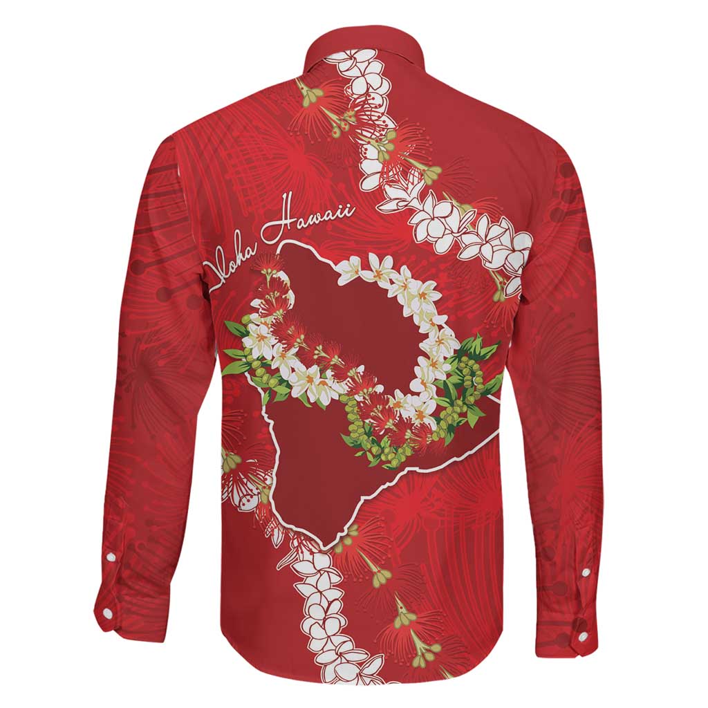 Hawaii Island Flowers Lei Family Matching Off The Shoulder Long Sleeve Dress and Hawaiian Shirt Ohia Lehua Scarlet Red