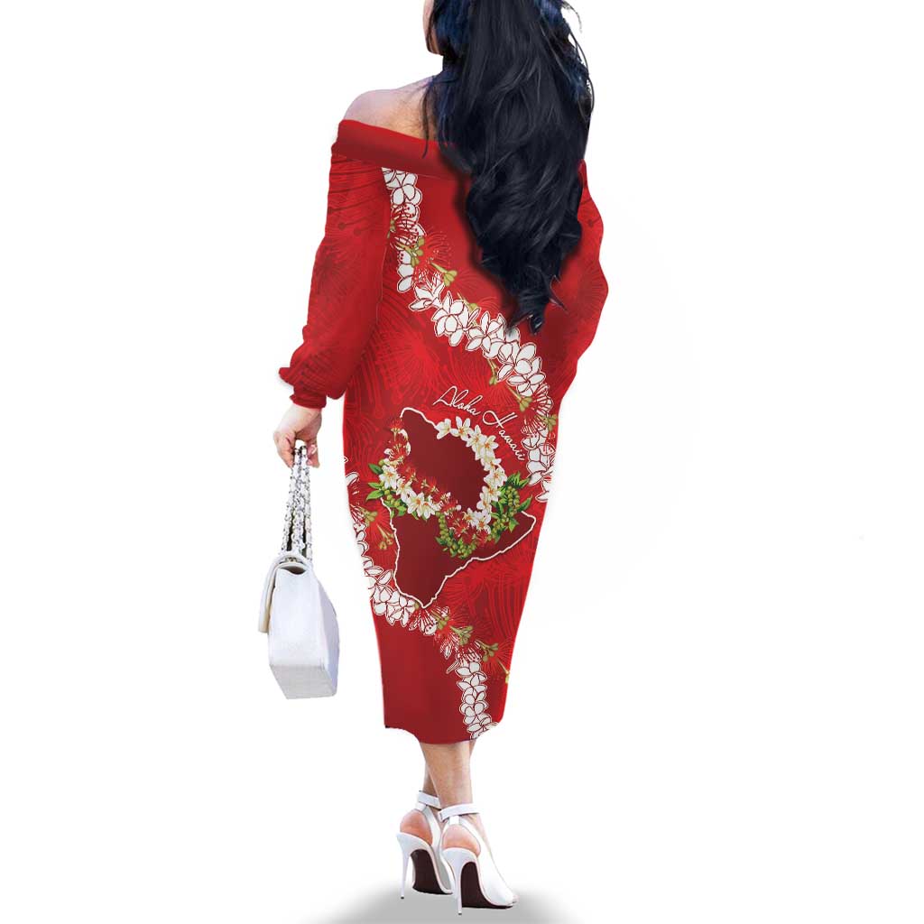 Hawaii Island Flowers Lei Family Matching Off The Shoulder Long Sleeve Dress and Hawaiian Shirt Ohia Lehua Scarlet Red