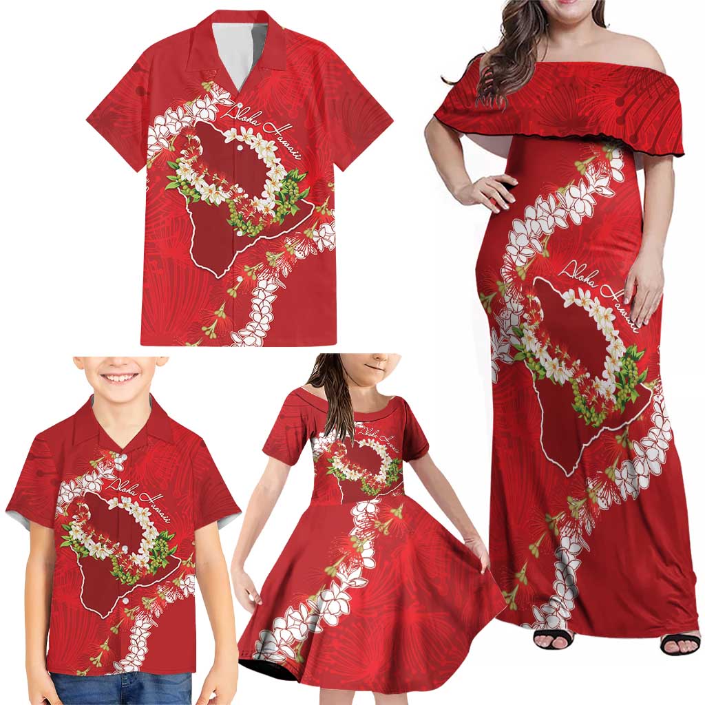 Hawaii Island Flowers Lei Family Matching Off Shoulder Maxi Dress and Hawaiian Shirt Ohia Lehua Scarlet Red