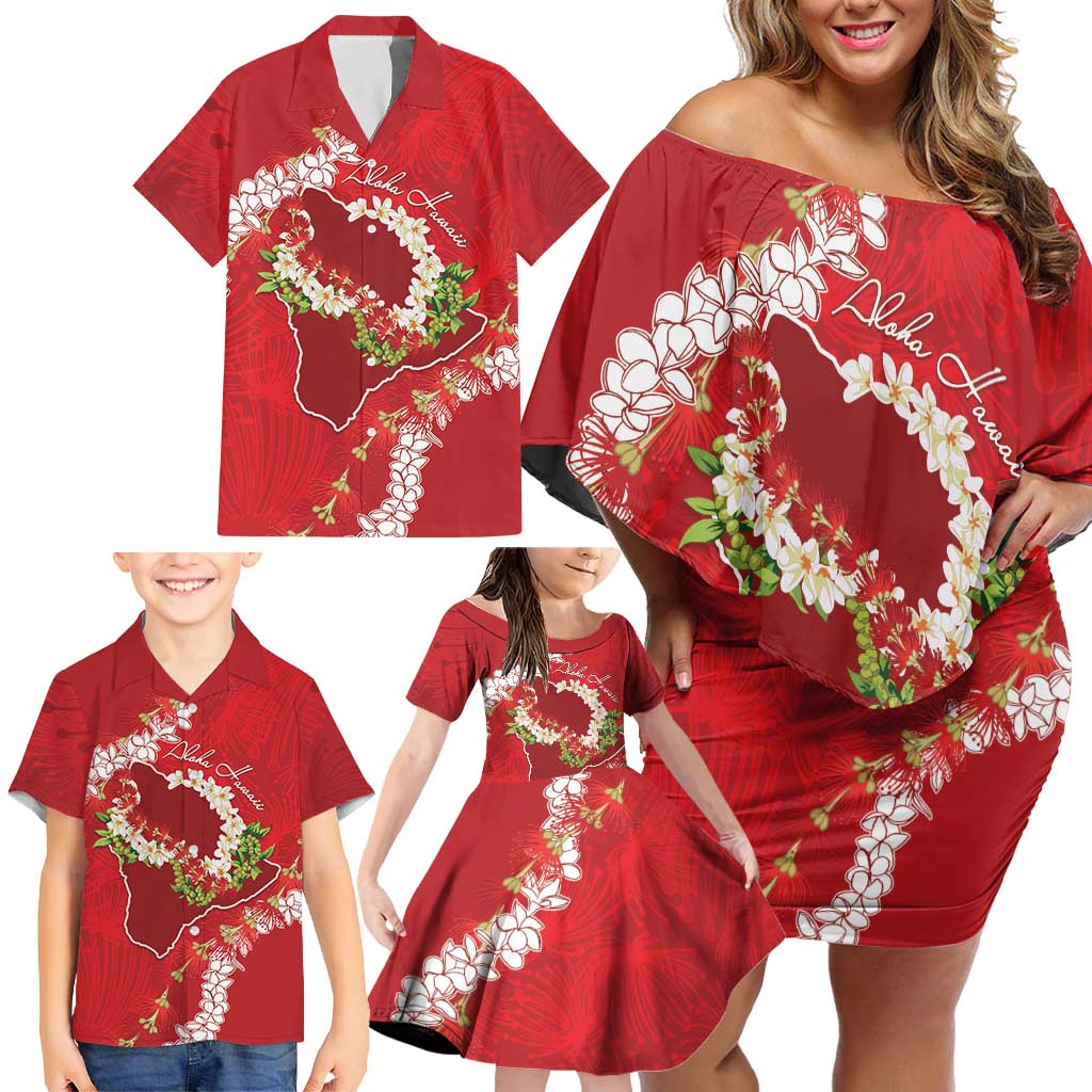 Hawaii Island Flowers Lei Family Matching Off Shoulder Short Dress and Hawaiian Shirt Ohia Lehua Scarlet Red LT7 - Polynesian Pride