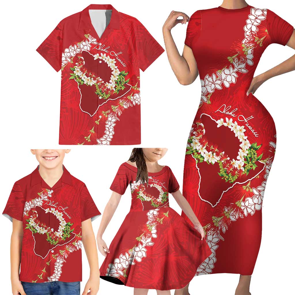 Hawaii Island Flowers Lei Family Matching Short Sleeve Bodycon Dress and Hawaiian Shirt Ohia Lehua Scarlet Red
