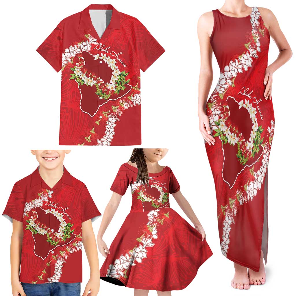 Hawaii Island Flowers Lei Family Matching Tank Maxi Dress and Hawaiian Shirt Ohia Lehua Scarlet Red