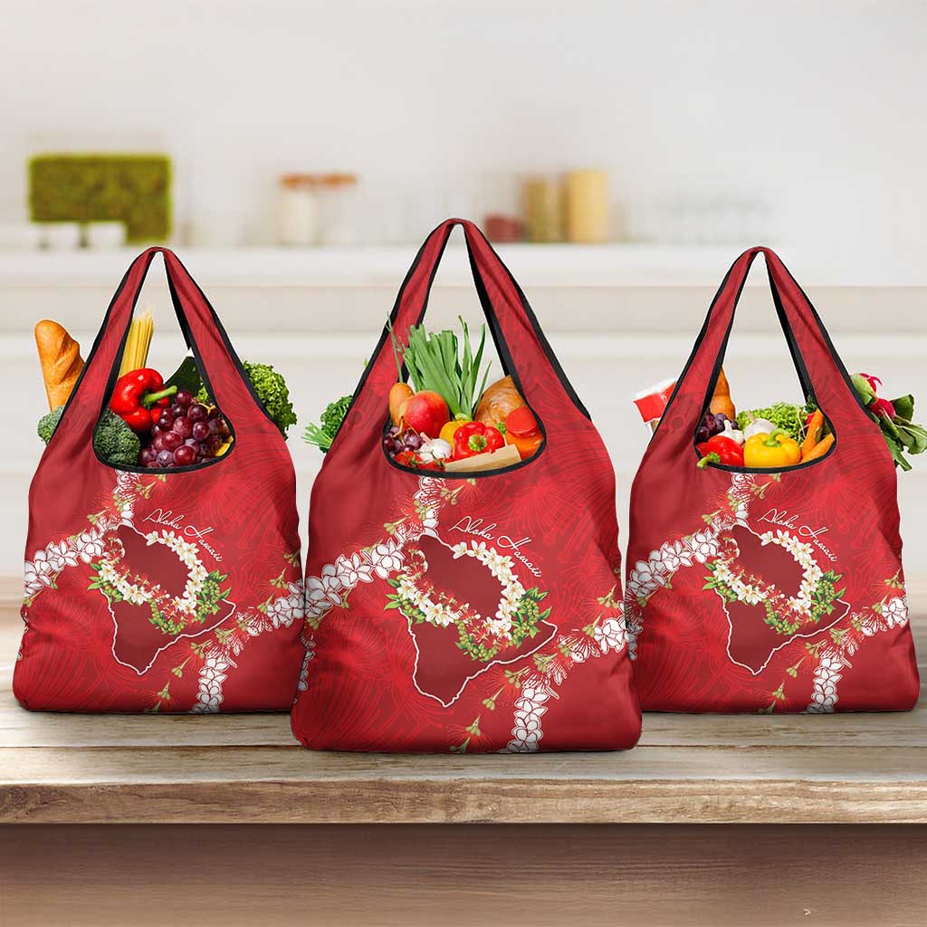 Hawaii Island Flowers Lei Grocery Bag Ohia Lehua Scarlet Red LT7 3-pack One Size Red - Polynesian Pride
