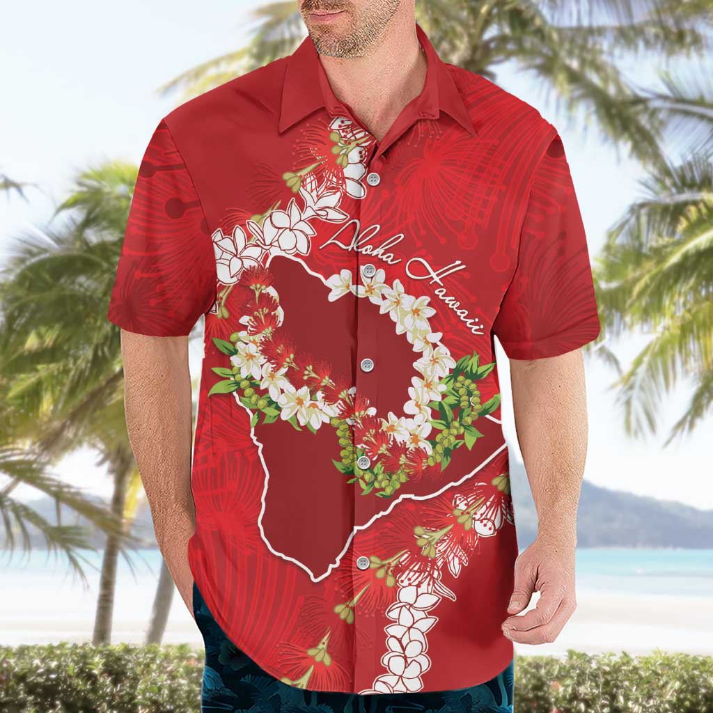 Hawaii Island Flowers Lei Hawaiian Shirt Ohia Lehua Scarlet Red