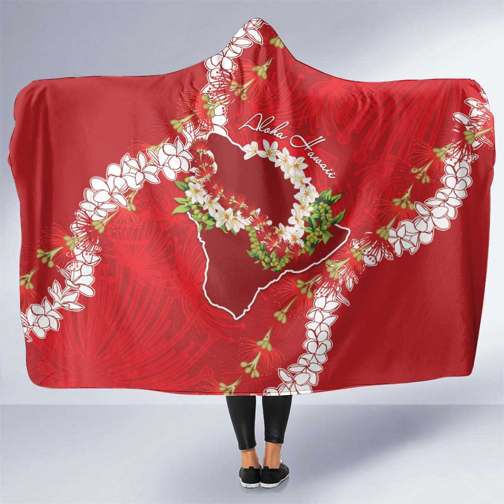Hawaii Island Flowers Lei Hooded Blanket Ohia Lehua Scarlet Red