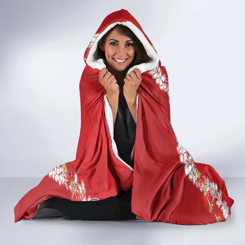 Hawaii Island Flowers Lei Hooded Blanket Ohia Lehua Scarlet Red