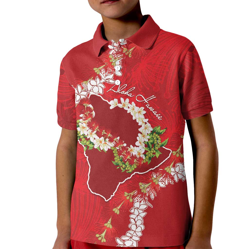 Hawaii Island Flowers Lei Kid Polo Shirt Ohia Lehua Scarlet Red LT7 Kid Red - Polynesian Pride