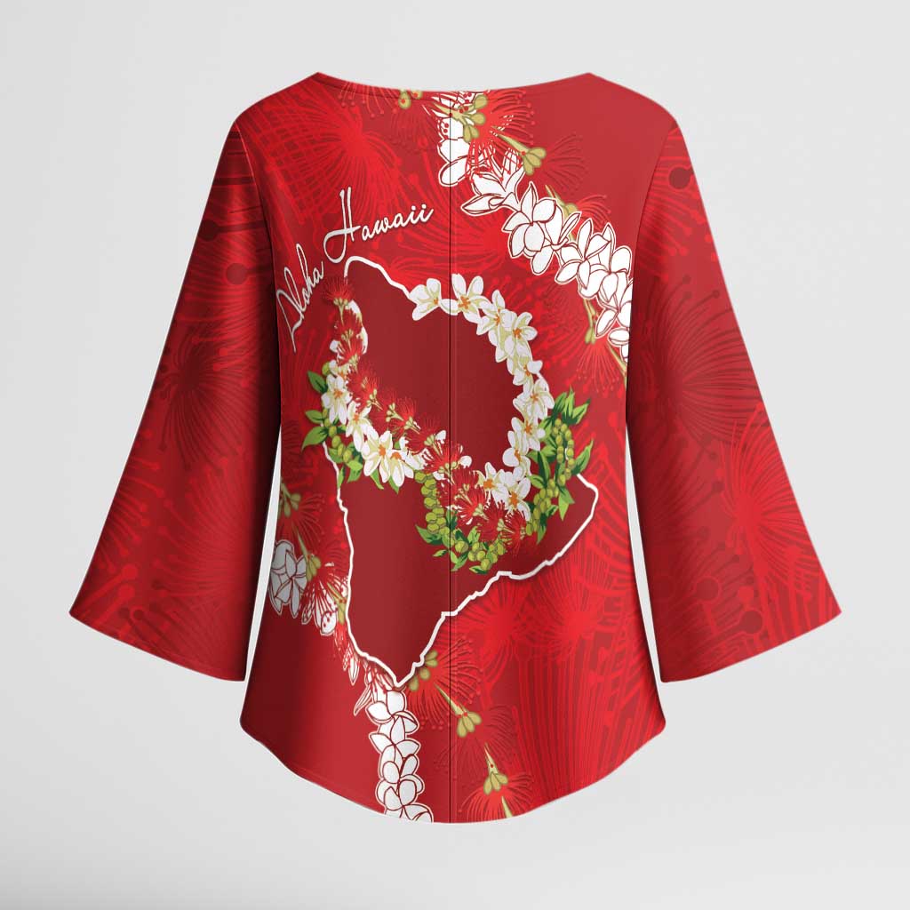 Hawaii Island Flowers Lei Kimono Sleeve Blouse Ohia Lehua Scarlet Red
