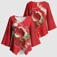 Hawaii Island Flowers Lei Kimono Sleeve Blouse Ohia Lehua Scarlet Red