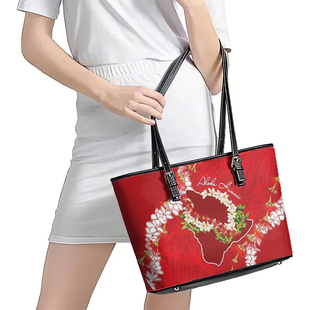 Hawaii Island Flowers Lei Leather Tote Bag Ohia Lehua Scarlet Red LT7 - Polynesian Pride
