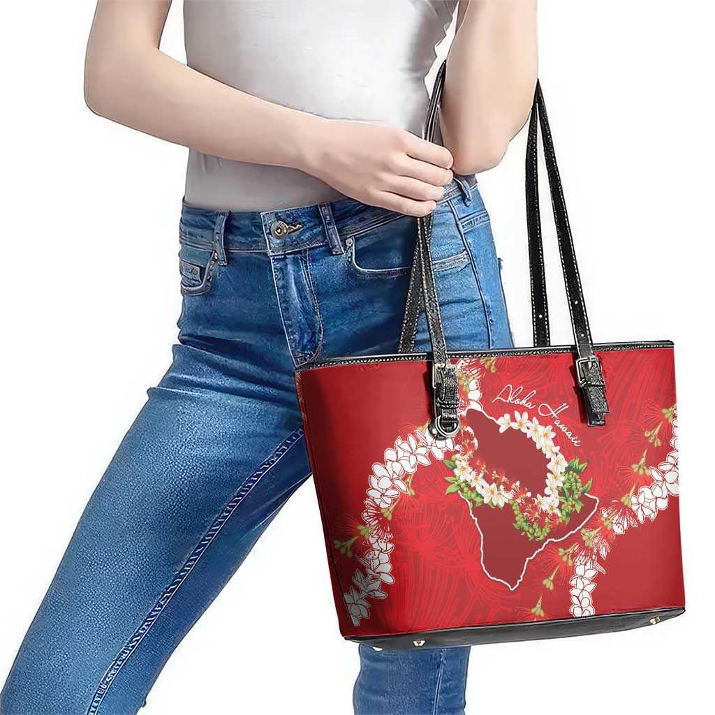 Hawaii Island Flowers Lei Leather Tote Bag Ohia Lehua Scarlet Red LT7 - Polynesian Pride